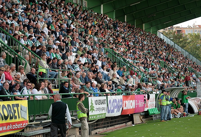 Zaplněná tribuna sleduje zápas.