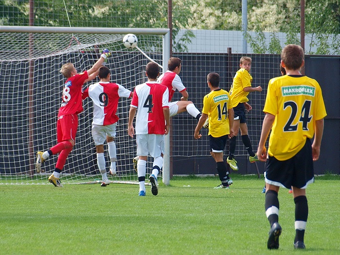 Brankář A. Dařina úspěšně vyboxoval míč od své branky 